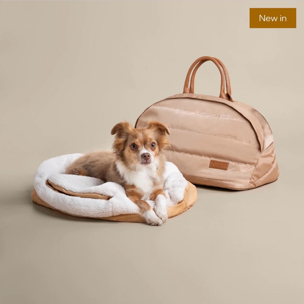 Tan dog Carrier and Bed Set